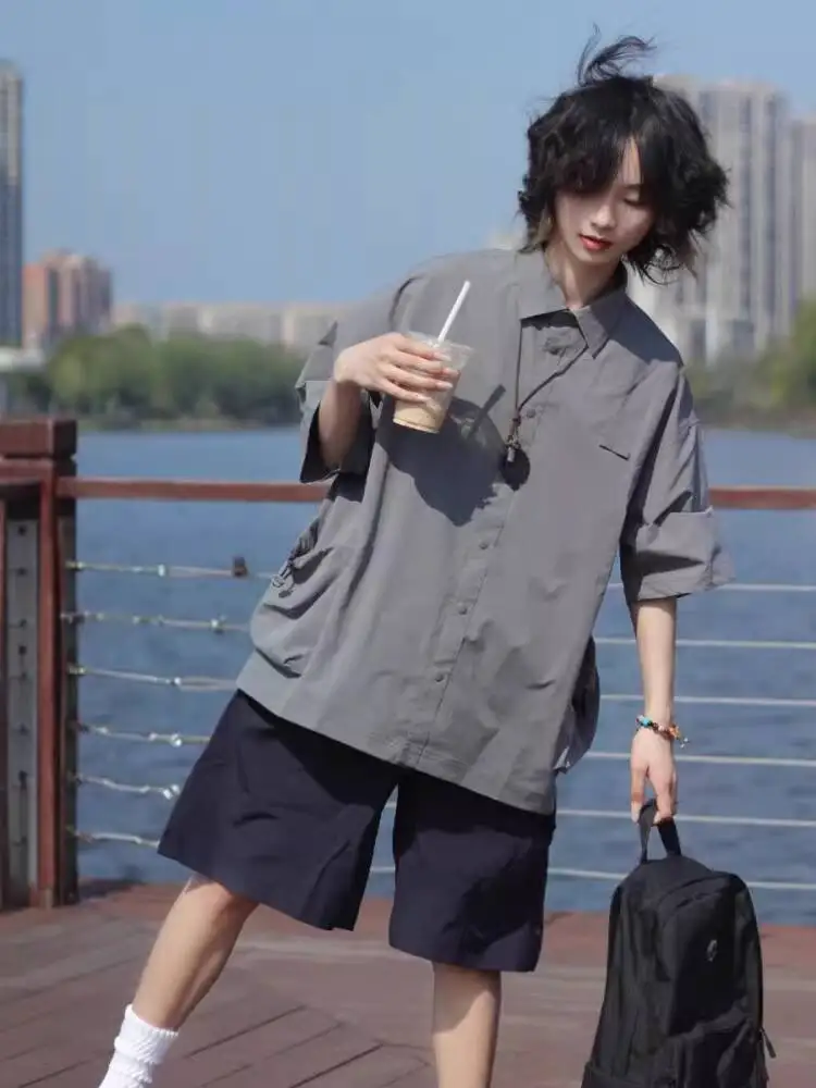 

2026 New Japanese Vintage Loose Casual Cargo Short Sleeve Shirt For Men Summer American Style Polo Shirt