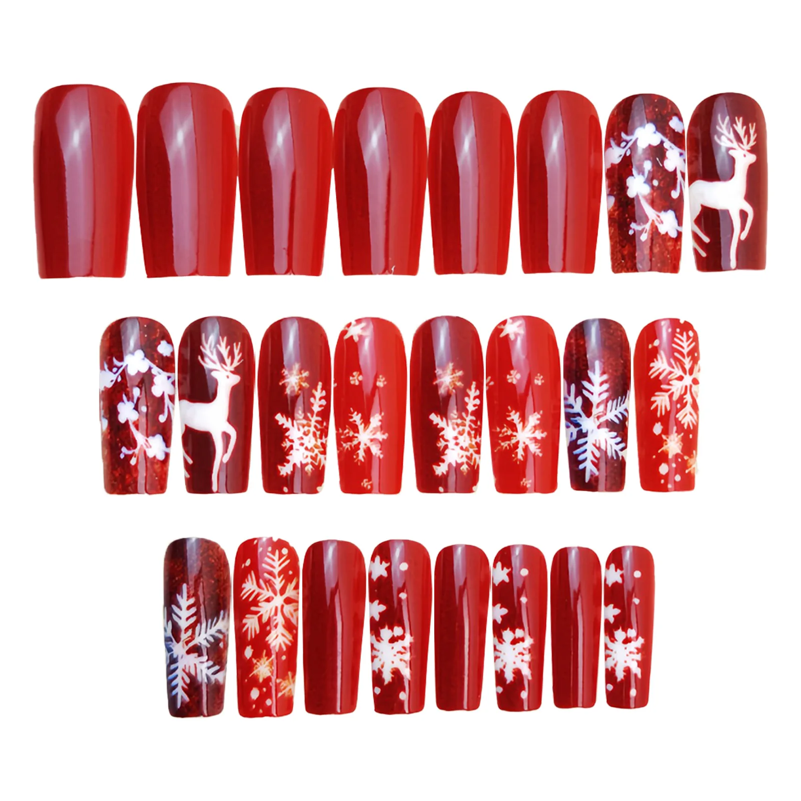 Red Christmas Fake Nails for Women Girls 24Pcs Medium-length Square Press On Nails White Snowflake/Elk Printed Party False Nails