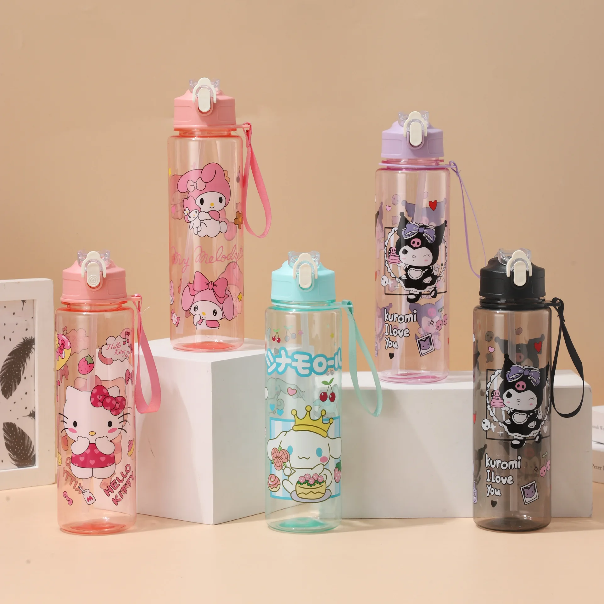 

650ml Kuromi Hello Kitty Water Cup Kawaii (Leak-proof Plastic Straw with Carrying Strap) Portable Outdoor Mug Children's Day Gif