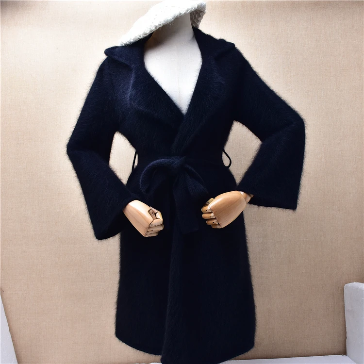 

Women Mujer Autumn Winter Clothing Black Mink Cashmere Knitted Suit Collar Long Sleeves Belt Loose Long Sweater Cardigans Coat