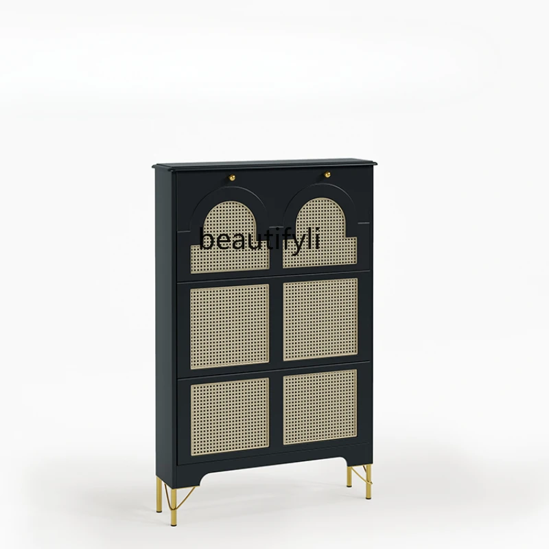 French Vintage Style Household Ultra-Thin Shoe Cabinet Home Doorway Wall Side Cabinet Rattan Woven Tilting Shoe Cabinet