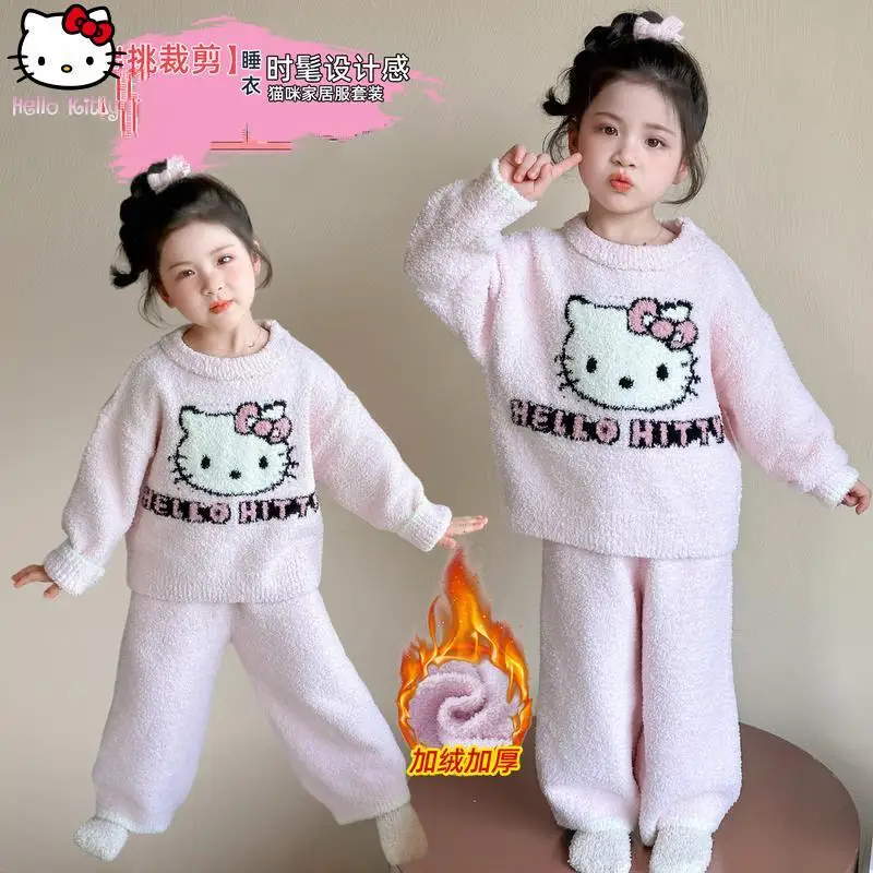 الخريف الشتاء الفتيات Kawaii هريرة الدافئة محبوك منامة مجموعة أنيمي النسخة الكورية الجديدة سميكة ملابس المنزل موضة قطعتين مجموعة