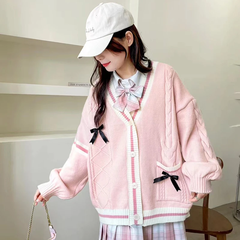 Cardigan da donna dolce rosa maglione femminile a maniche lunghe lavorato a maglia con fiocco coreano stile preppy Jk nuovi cappotti casual da donna