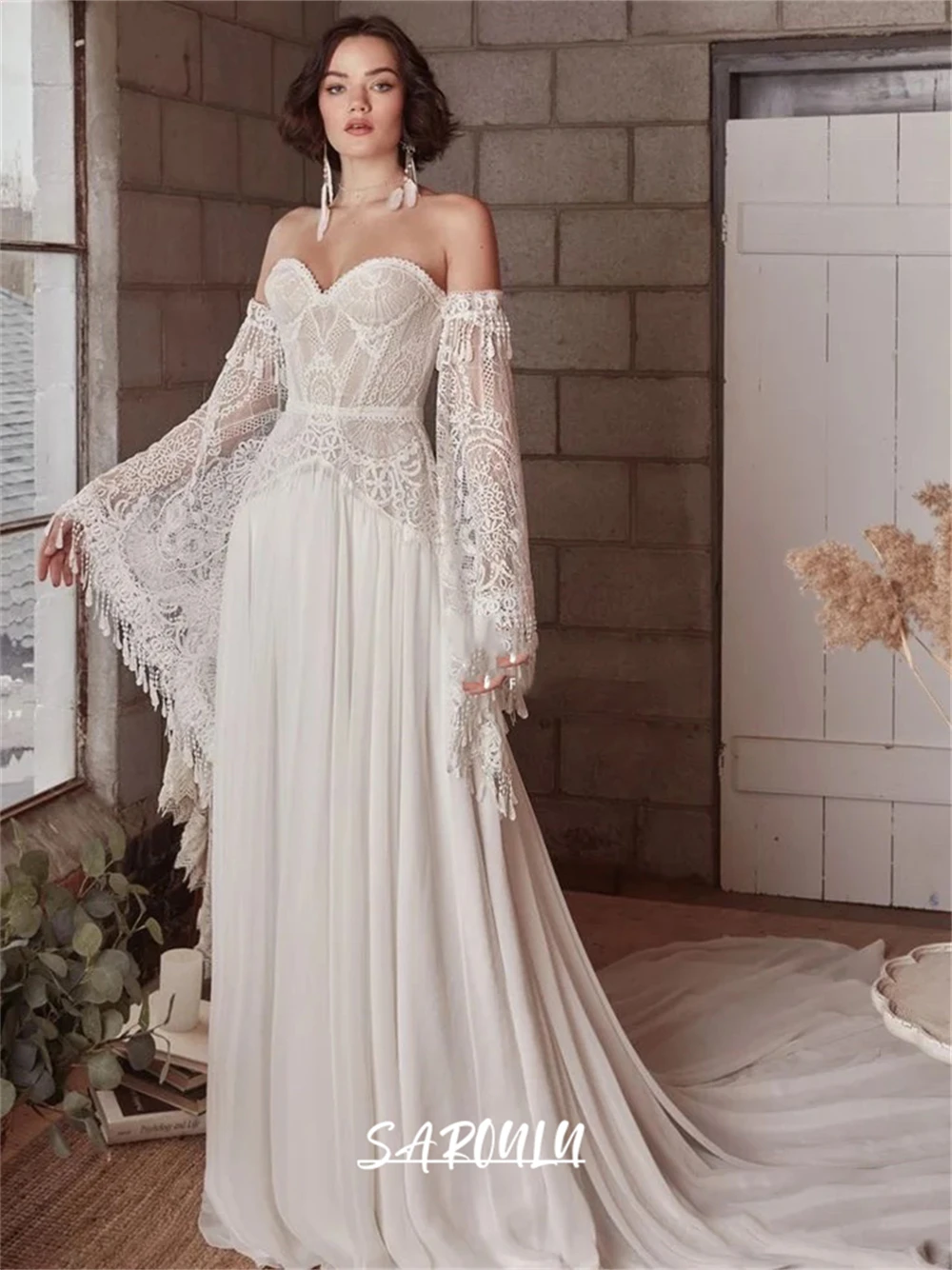 Bohemian Bride Dress with Long Sleeves, Unique Lace Beach Wedding Dresses for Women, Boho Chiffon Bridal Gown Custom Make