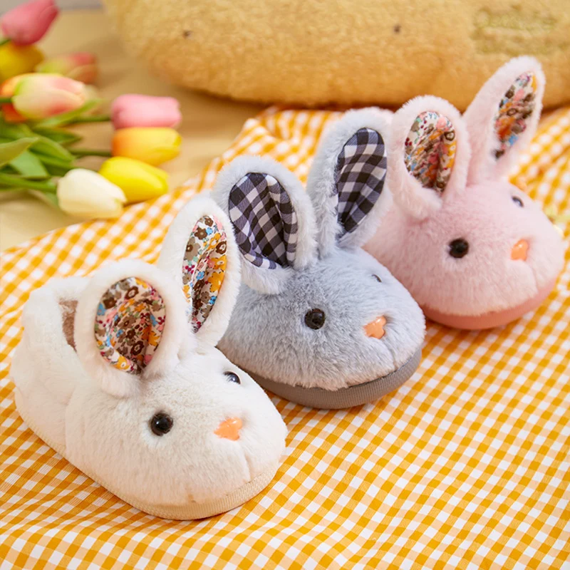 Children Indoor Slippers Winter Warm Cotton Shoes Kids Home Floor Slippers Cartoon Rabbit Anti-slip Boys Girls Plush Footwear