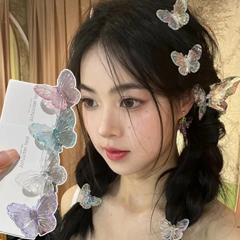 5Pcs Aurora Butterfly Hairpin Transparent Heart Shape Children Hair Clips Women Barrettes Fashion Girl Headband Hair Accessories