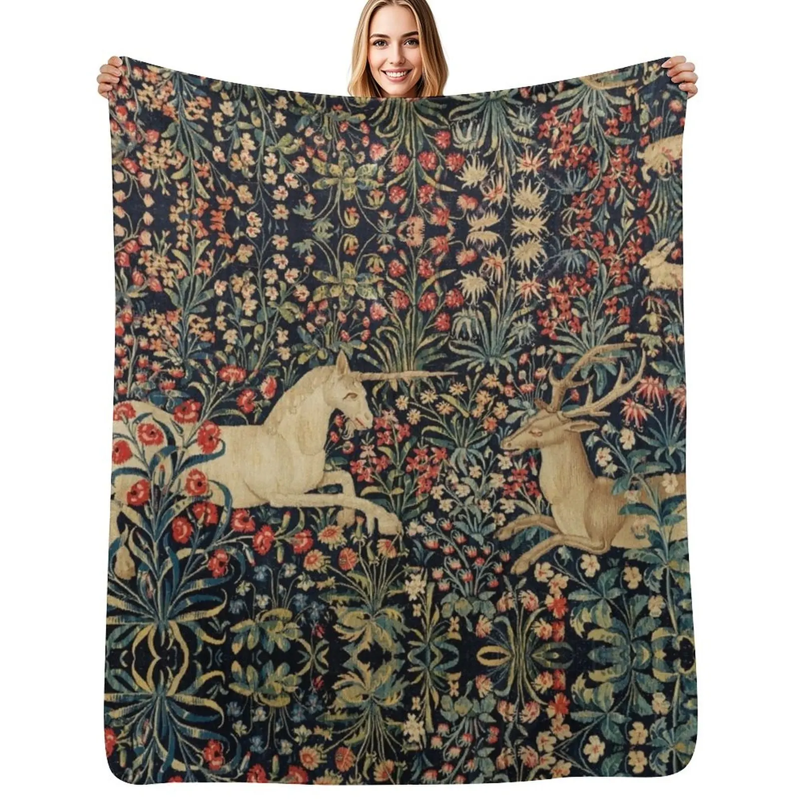 

UNICORN AND DEER AMONG FLOWERS, FOREST ANIMALS FLEMISH FLORAL Throw Blanket Plush Fuzzy Cozy Blanket for Couch Sofa