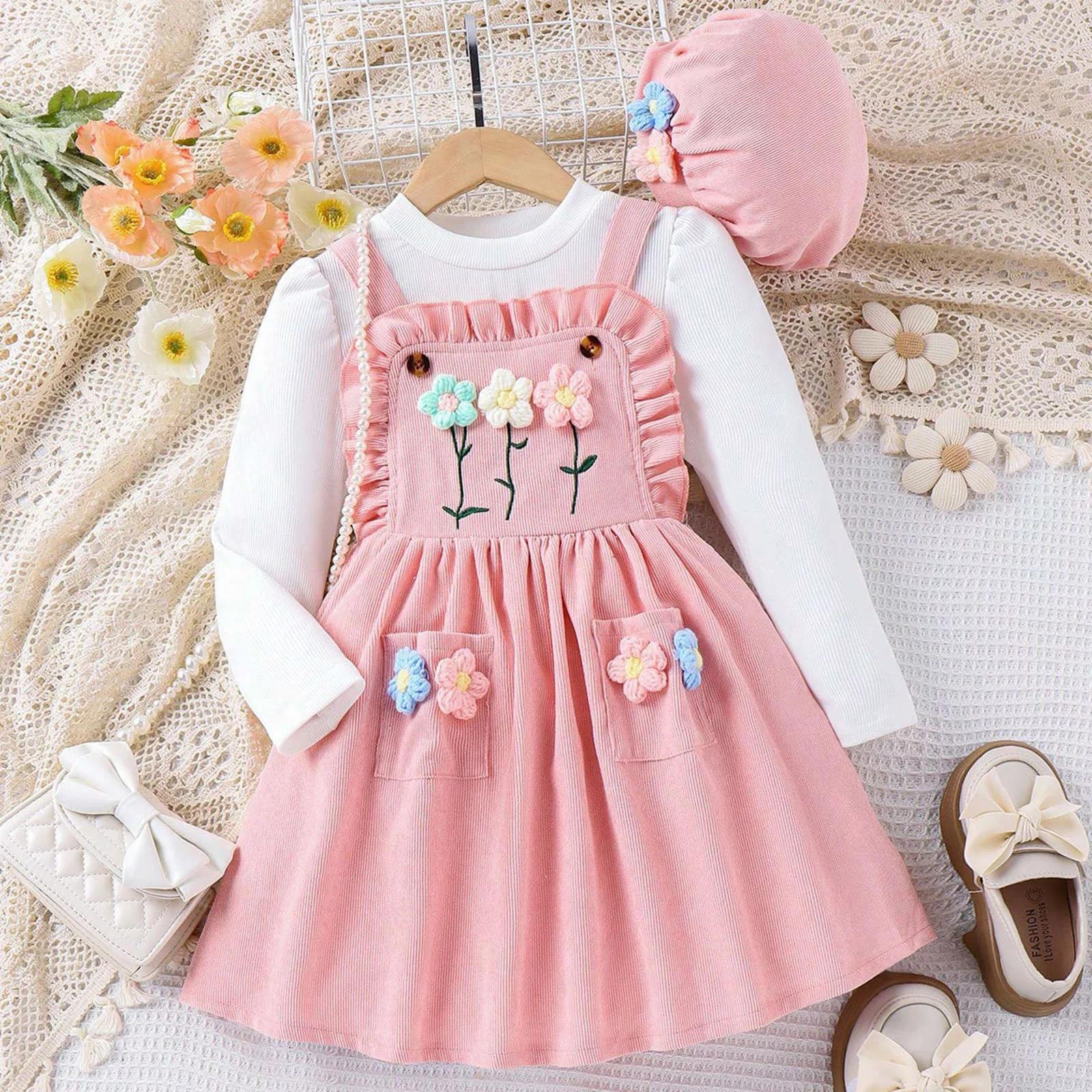 2024 Autumn Winter Girls Clothes Long-sleeved Top+Floral Splice Suspenders Dress+Cap 3 Pieces Set Casual Kids Clothes Age 3T-8T