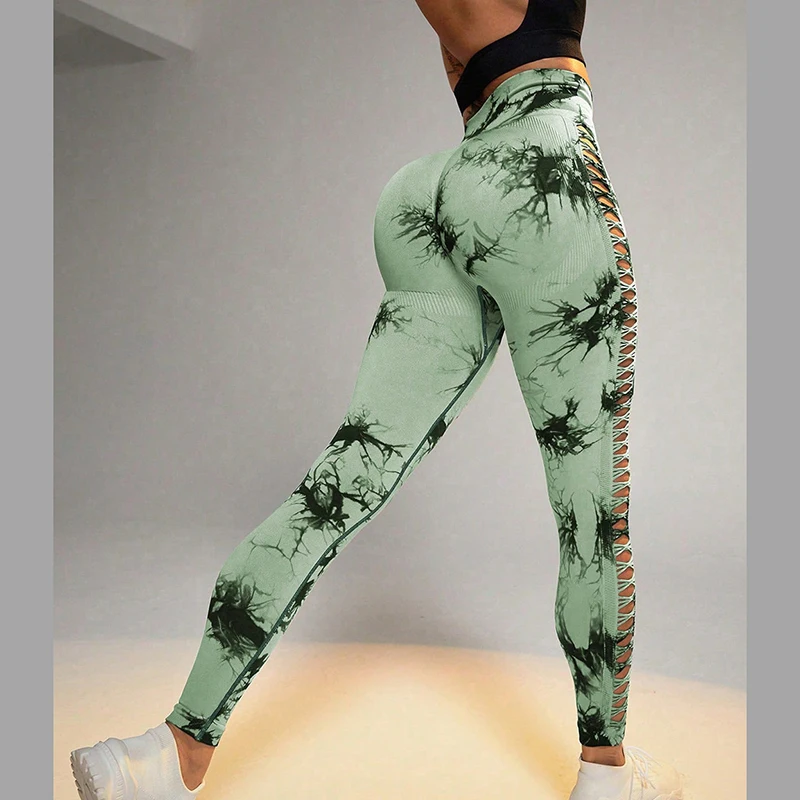 

Women Push Up Seamless Fitness High Waist Sport Pants Female 2024 Tie Dye Hollow Out Sexy Gym Leggings