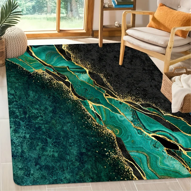 Emerald Green Element Rug Black Marble Print Floor Mat Carpet for Living Room Decoration Home Bedroom Household Dirt Resistant