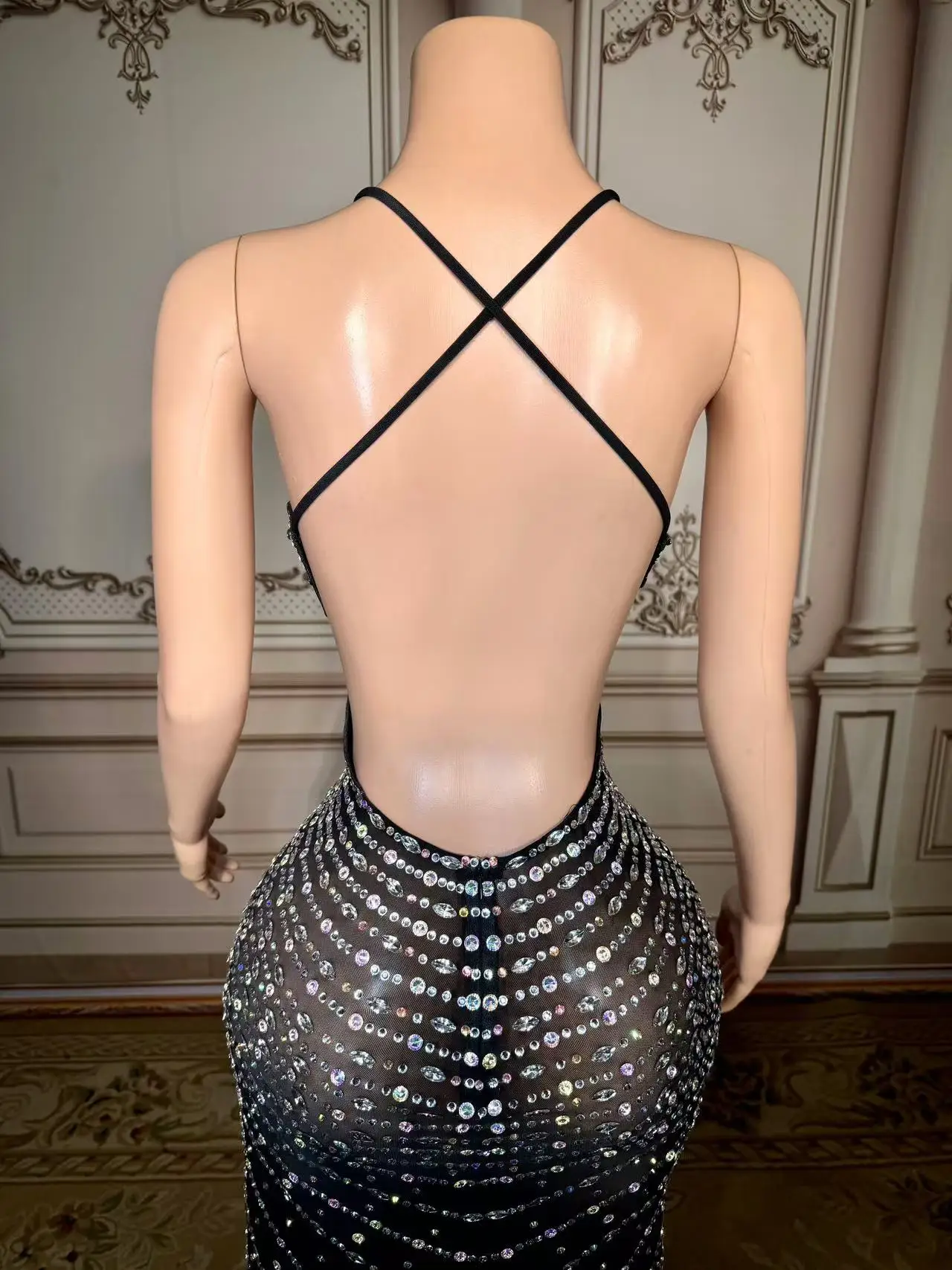 Fashion Design Crystals Transparent Dress Evening Celebrate See Through Mesh Birthday Celebrate Performance Costume