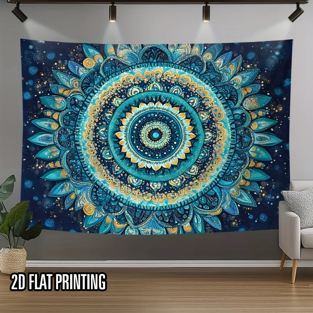 Boho Mandala Tapestry Wall Hanging Decoration Blue Teal Cosmic Spiritual Chakra Art Print for Bedroom Living Room Boho Home Deco