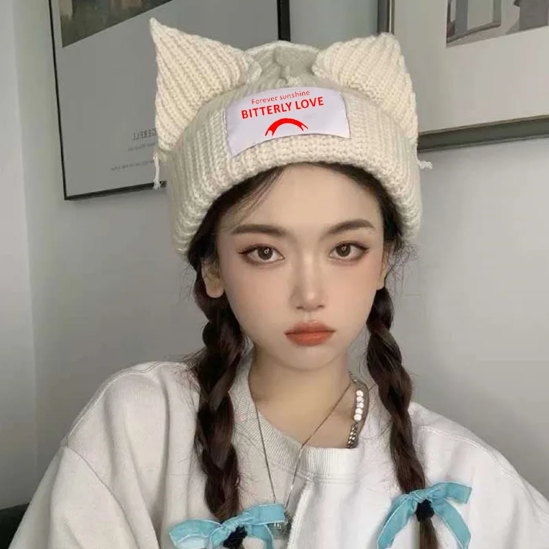 2022 New Cute Cat Ears Knitted Wool Hat Unisex Personality Beanies Cap Men Women Cute Warm Winter Tide Bonnet Pullover Hats