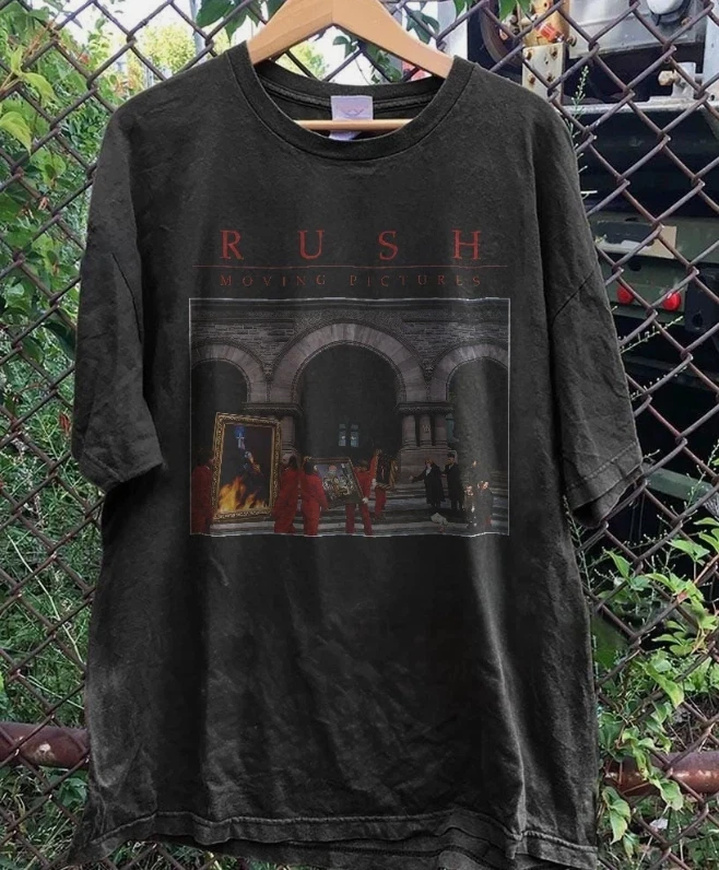 Rush Moving Pictures Retro Rock Band Album Pattern T-Shirt Pure Cotton Couple Casual Streetwear Shirt for All Seasons