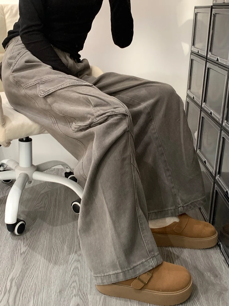 Amerikanische Retro-Multi-Komponenten-Arbeitskleidung Denim-Hose mit Hoher Taille, Geradem Bein, Bodenlang, Lose Weite Hose für Damen