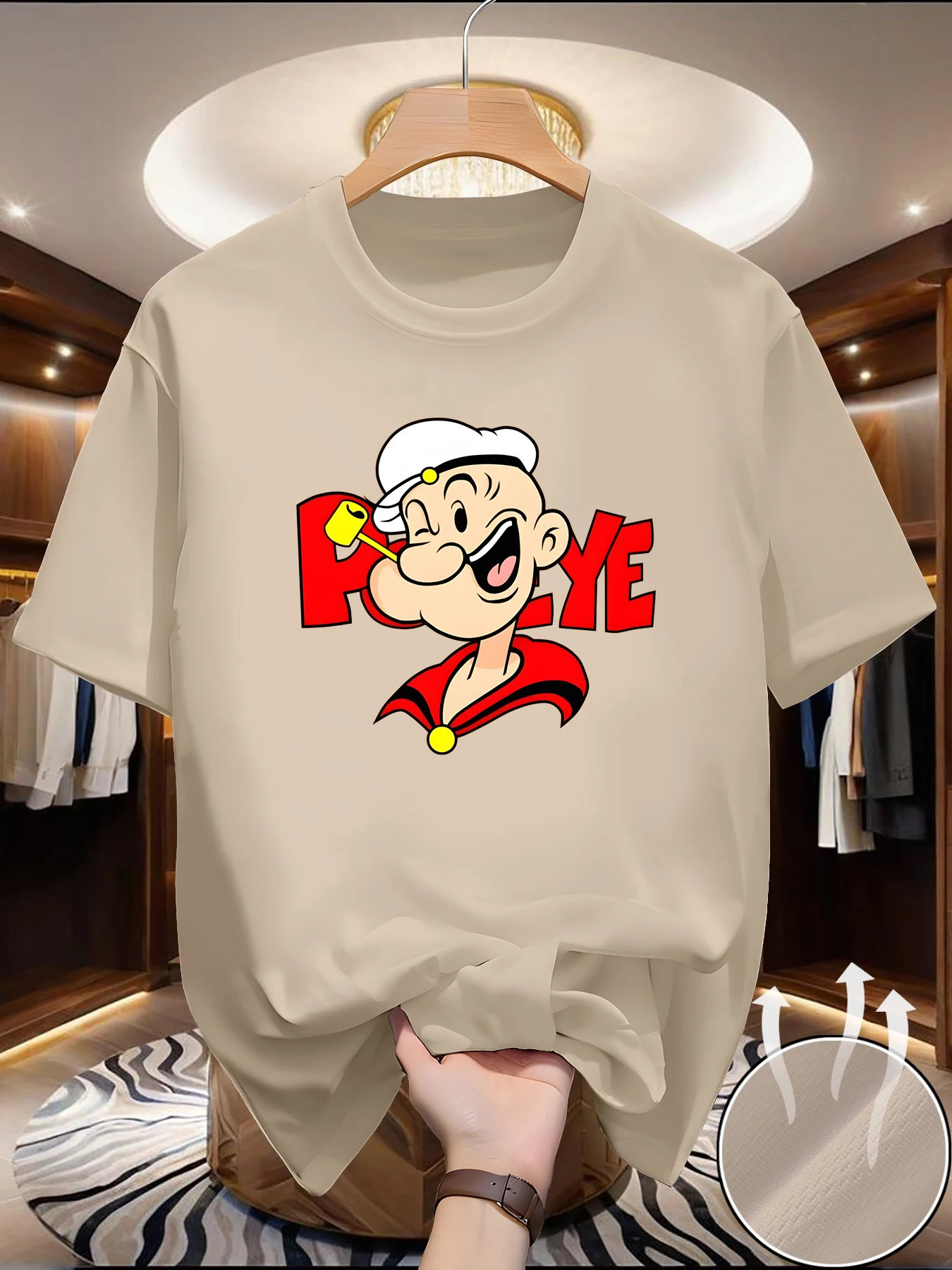 Men's summer quick drying mesh T-shirt cartoon anime Popeye pattern printed round neck short sleeved casual top