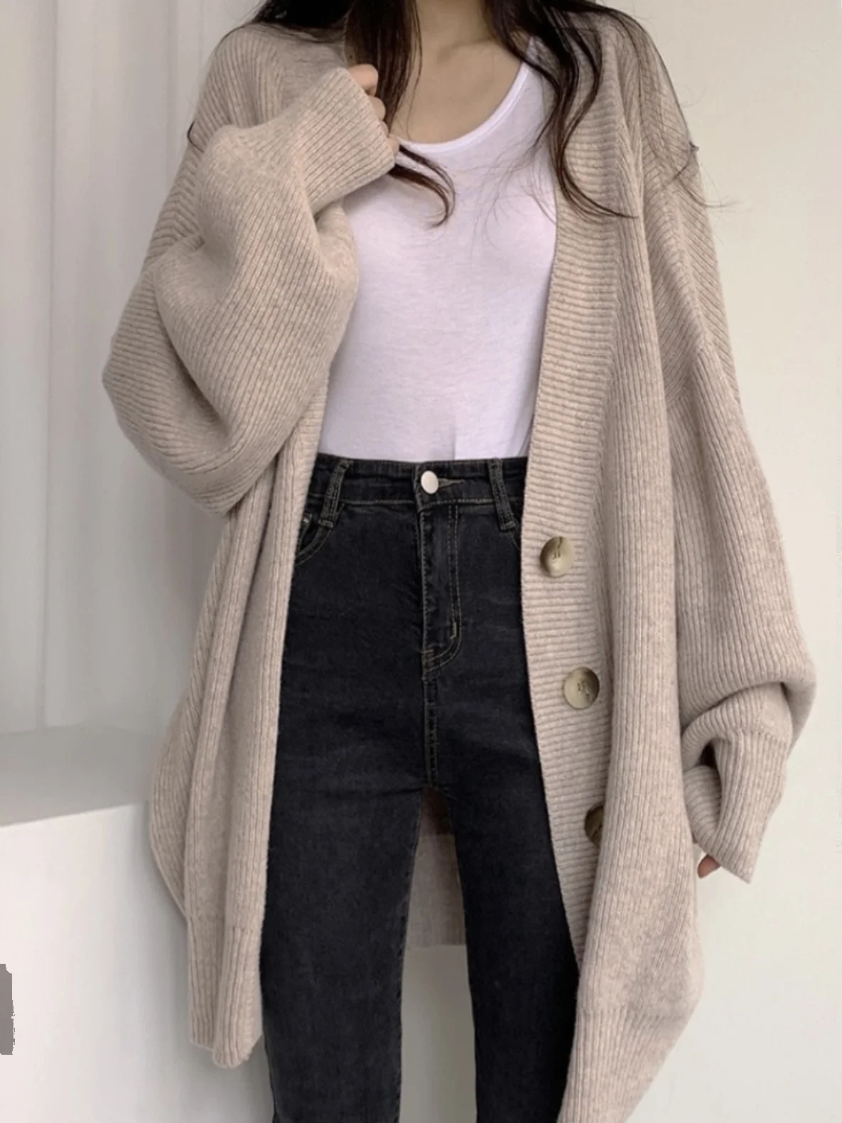 

Корейский трикотаж Lazy Sle V-Ne, верхняя одежда, женский весенне-осенний новый свободный мягкий вязаный открытый кардиган средней длины