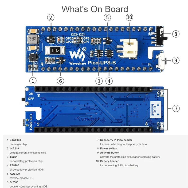 Waveshare-Carte UPS Tech B pour Raspberry Pi Pico, Alimentation Sans Joli, permission de la Batterie Via Bus I2C, Design Empilable
