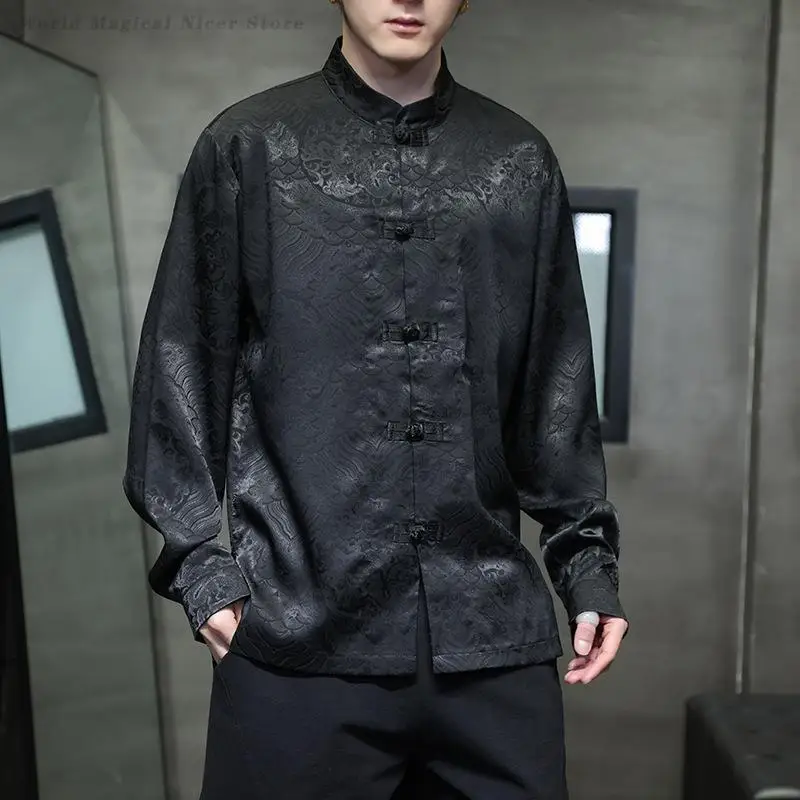 2025 جديد الرجال النمط الصيني خمر قميص رجالي بلايز تانغ دعوى التقليدية التنين نمط كم طويل الوقوف طوق قمصان سوداء