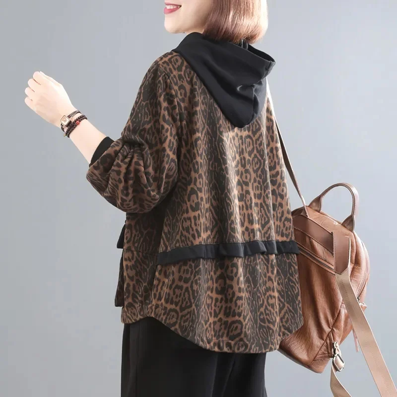 Middle Aged And Elderly Mothers\' Leopard Print Jacket 2023 Spring Autumn New Women Spliced Short Jacket Korean Loose Hooded Coat