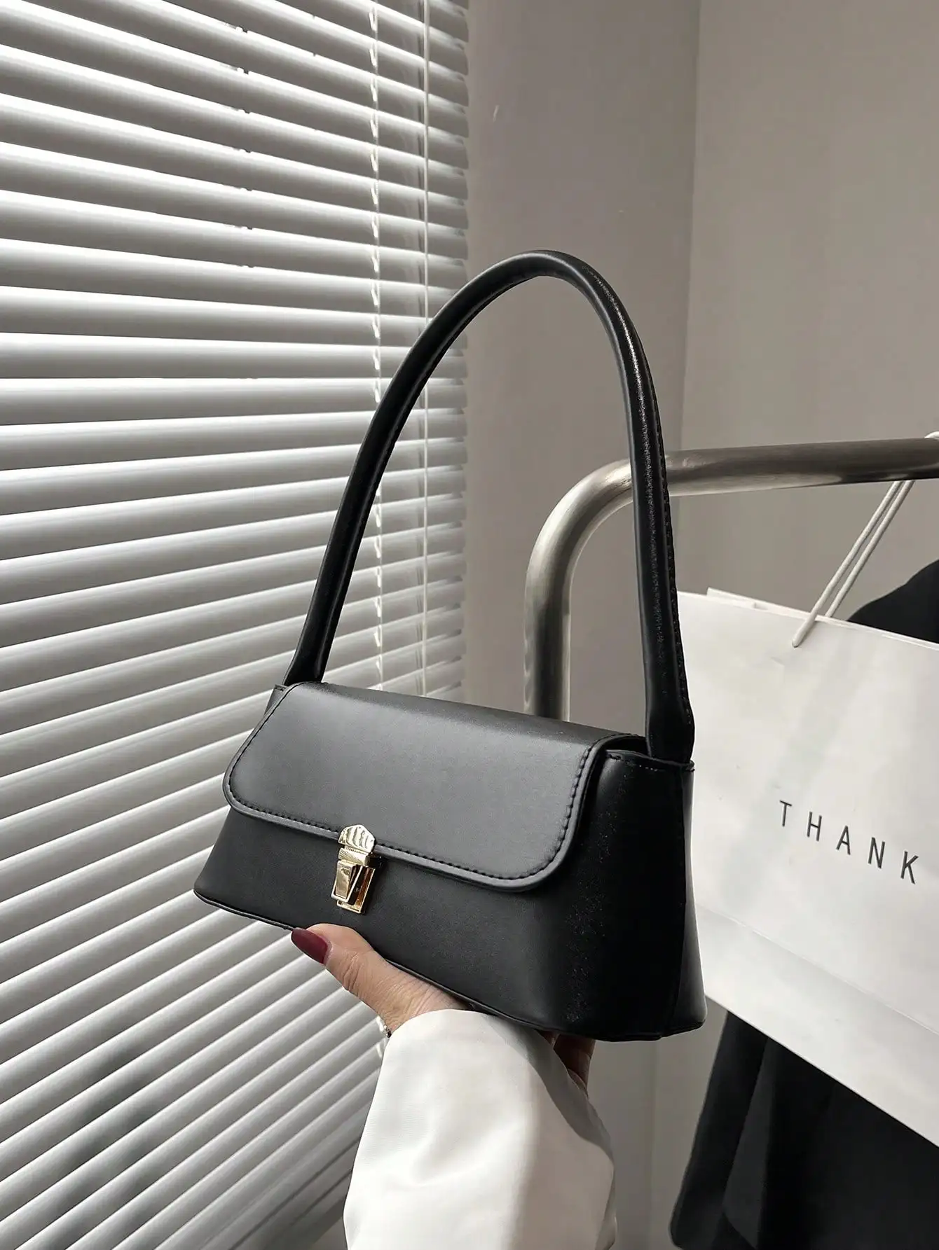 

Mini Top-Handle Bag with Push Lock Closure, Solid Black Faux Leather