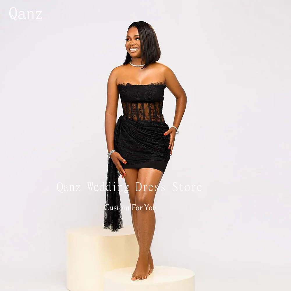 

Qanz Dubai Sexy Prom Dresses Strapless Black Lace Mini Cocktail Dresses Corset Back Mermaid Party Gowns Short Abendkleider