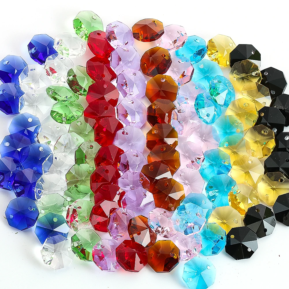 100pcs Glass Octagon Beads Colorful Crystal Chandelier Part Replacement Loose Bead Hanging Pendant DIY Suncatcher Strand Jewelry