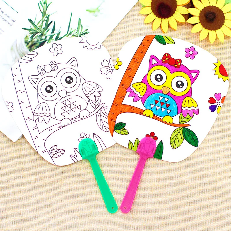 1pcs Children\'s Handmade DIY Painting Blank Fan Cartoon Paper Fan Hand-painted Graffiti  Painting Coloring Fan Kindergarten