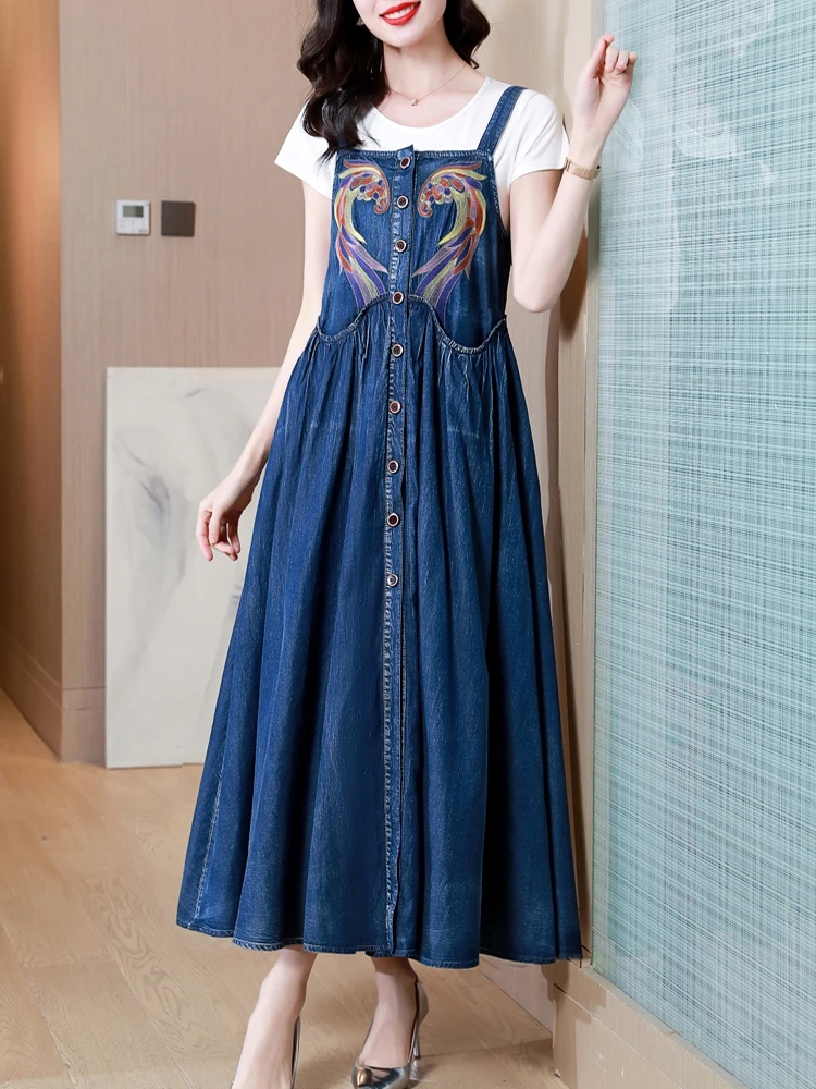 

TIYIHAILEY-Sleeveless Denim Dresses for Women, Long Maxi Dresses, Single Breasted, Chinese Style Embroidery, Spring and Summer,