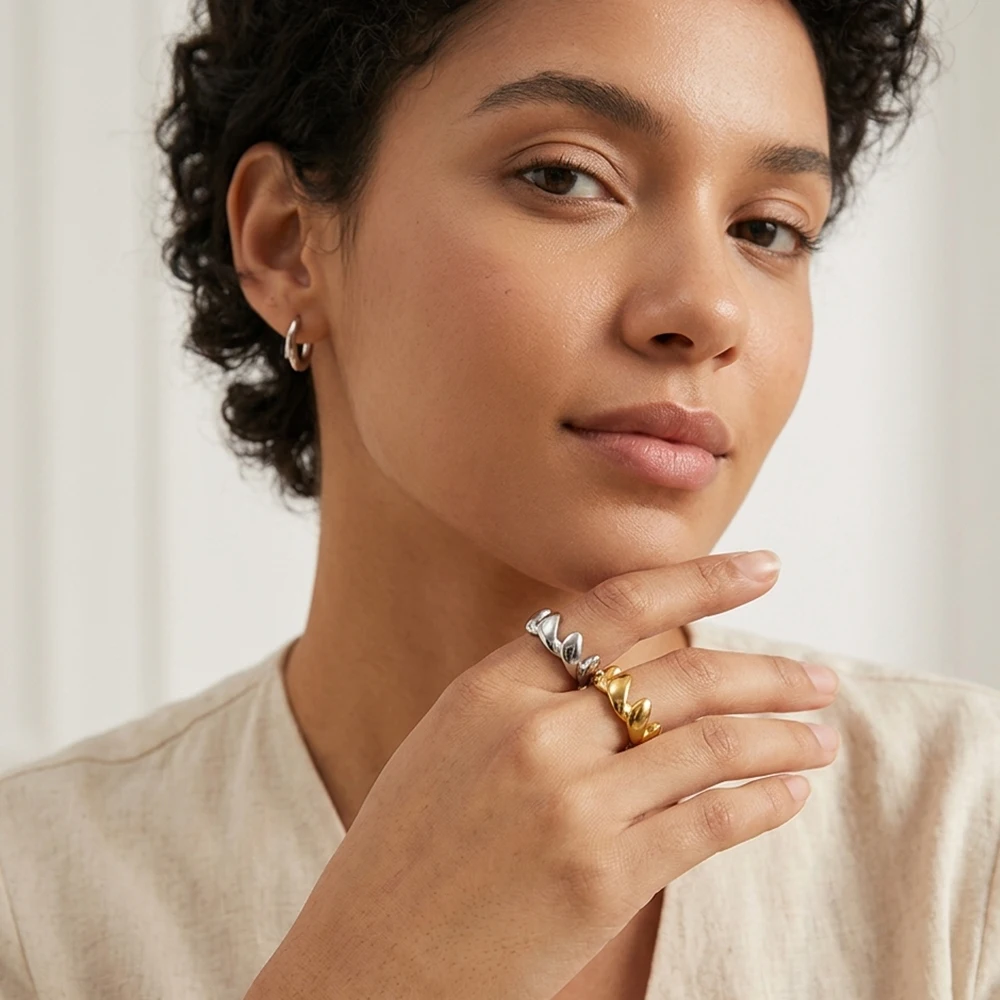 La. Muses Simple Smooth Sawtooth Wave Shaped Stainless Steel Women's Ring PVD Gold Plated Trendy Daily Jewelry