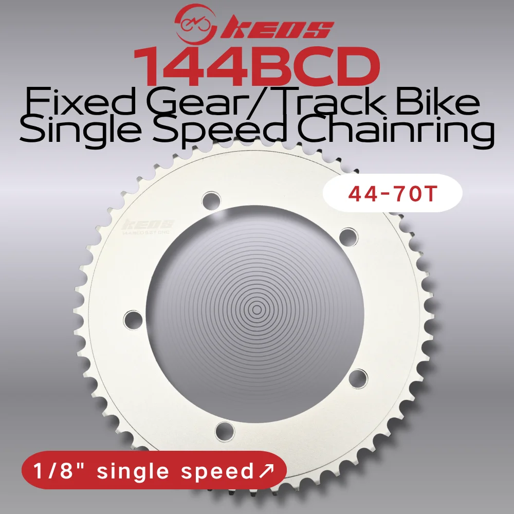 Plato de cadena KEOS 144BCD de una sola velocidad para bicicleta de piñón fijo/pista, negro/plateado, CNC, 44T 46T 48T 50T 52T 54T 56T 58T 60T 70T