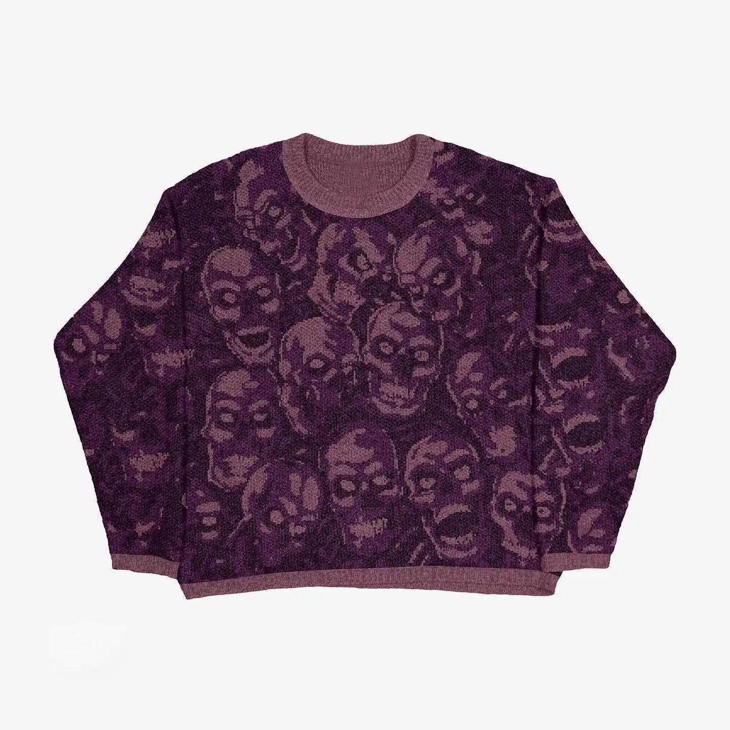 Y2k new cold resistant and warm Halloween streetwear sweater men's retro skull print hip-hop Harajuku casual pullover black knit