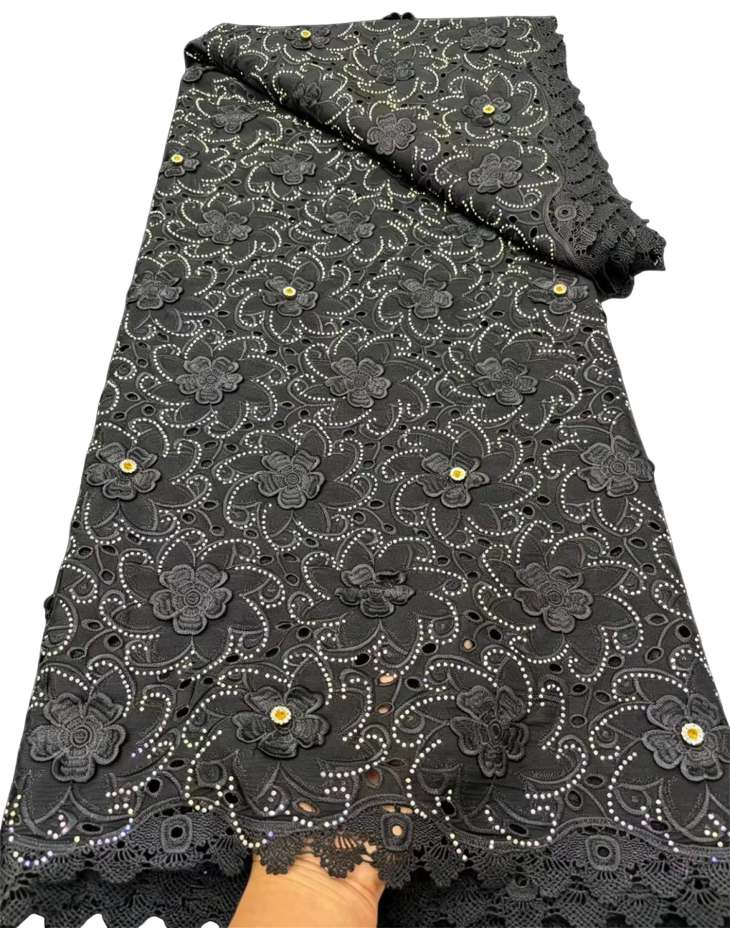 

Черная африканская ажурная гипюровая кружевная ткань, нигерийские камни, 3D водорастворимая, для пошива женских платьев, высококачественная ткань