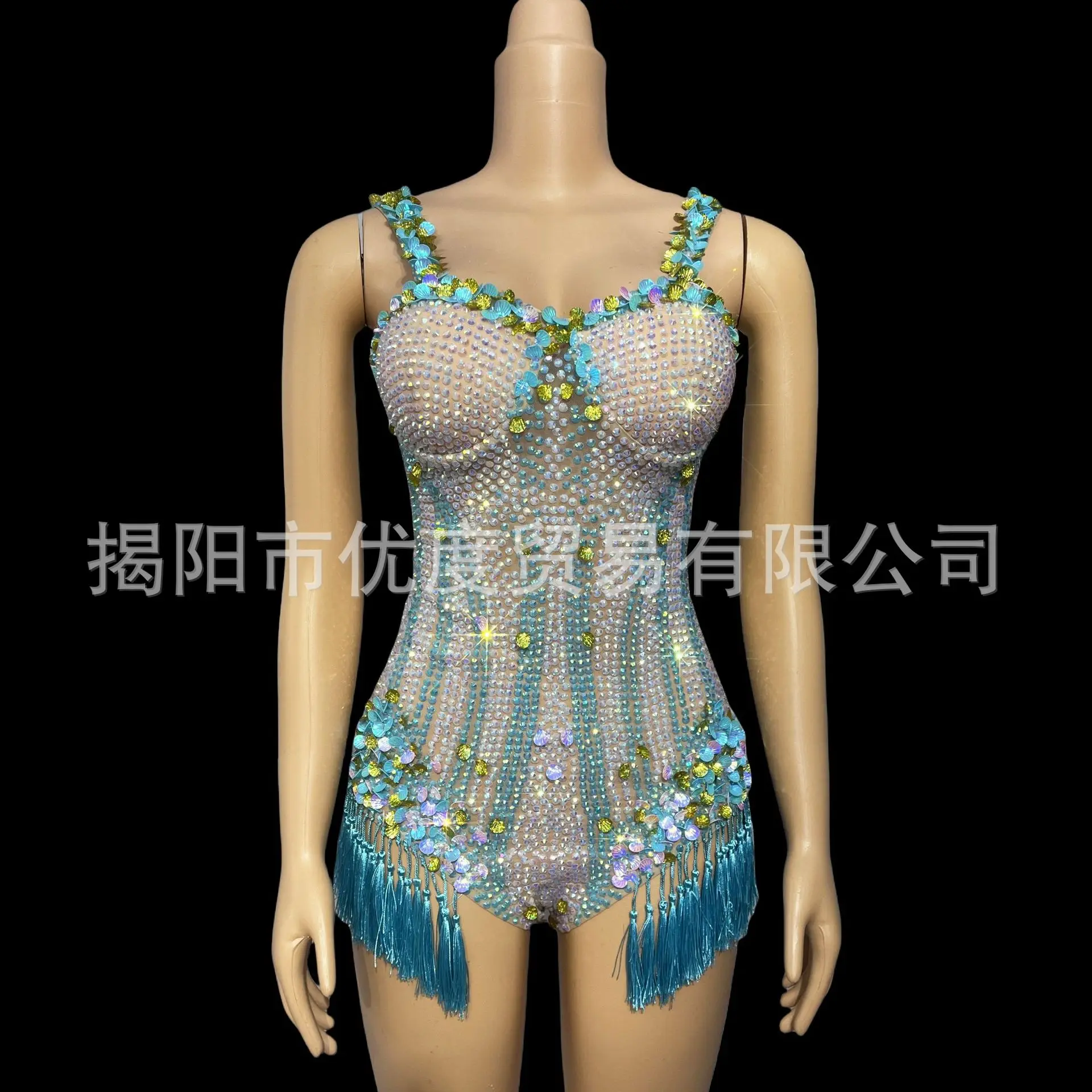 الصناعة الثقيلة حجر الراين مهدب بذلة الإناث المغني حفلة ليلة مرحلة الأداء الملابس نانينغ عالية شوكة فساتين السهرة