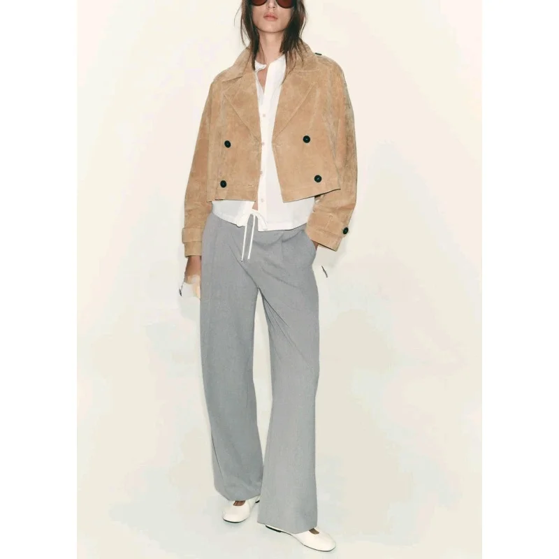 

Осенние женские удобные декоративные плиссированные двухслойные повседневные брюки с высокой талией и широкими штанинами, женские повседневные брюки из полиэфирного волокна l талии