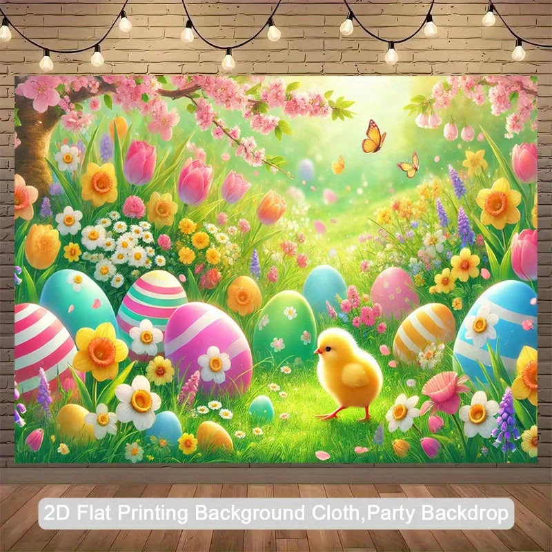 2D-Flugzeug, Osterfrühlingsblumen-Fotografie-Hintergrund für eine Person – pastellfarbene Gartenszene und Küken – Ostern, Geburtstag, Hochzeit