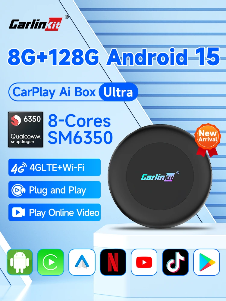 CarlinKit 8G + 128GB Android 15 Ultra2 CarPlay Ai Box sans fil Android Auto CarPlay vidéo en ligne SM6350 8 cœurs GPS 4G LTE pour voitures 8