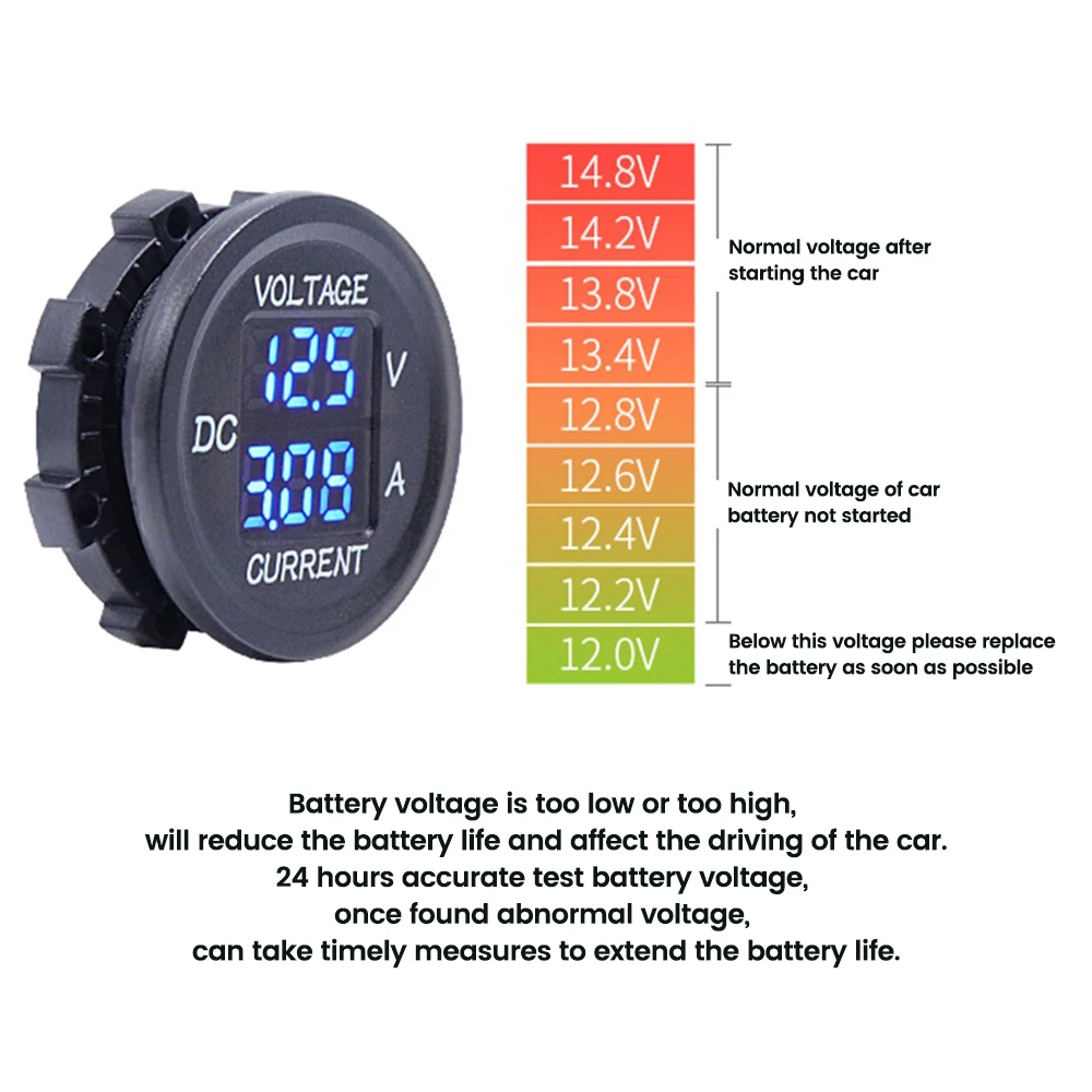 5V-48V Car Mini Waterproof Dual Voltage Meter 3-Digit Round LED Panel Digital Voltmeter Ammeter Tester Monitor Display Voltmeter