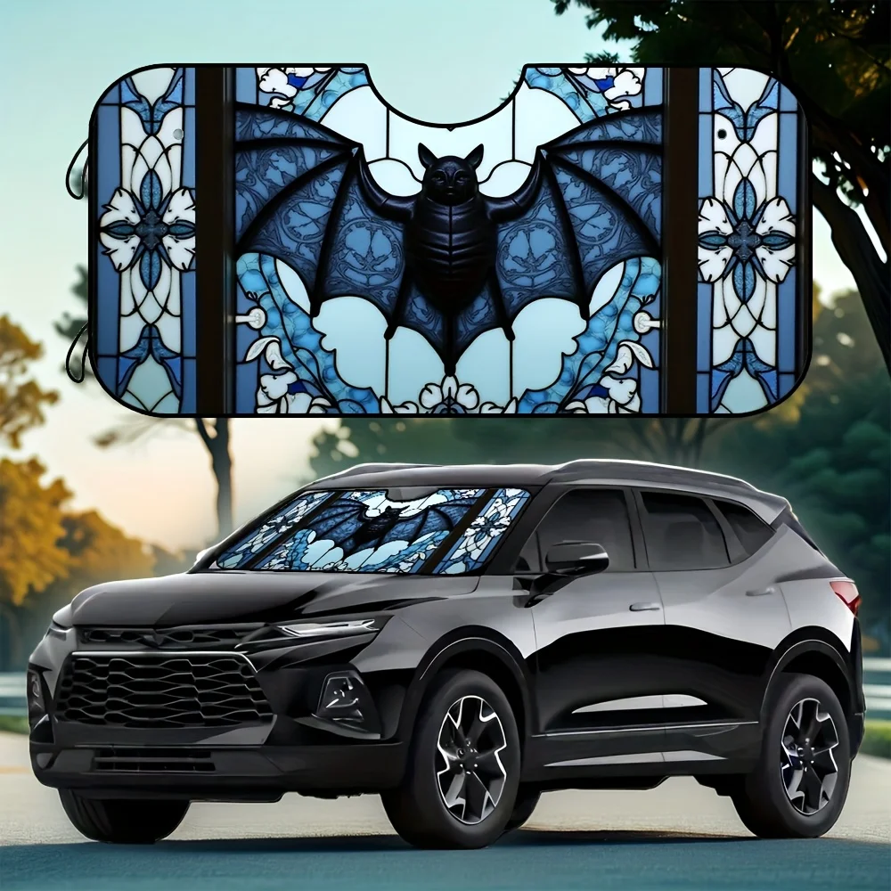 

1pc Foldable Gothic Bat Car Sunshade With UV Protection & Heat Blocking - Stained Glass Design, Blue & Black Bat Motif, Fit For