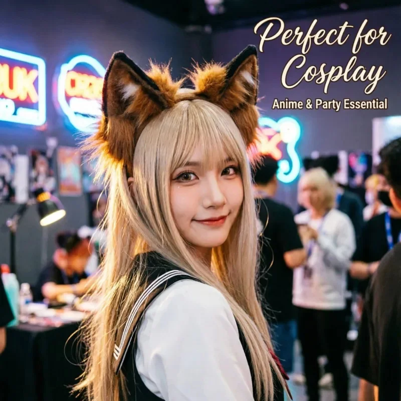 Halloween 180mm Cosplay Furry Fox Wolf Cat Ears Headband Fluffy Animal Ear Hair Hoop Anime Party Costume Accessory Cute Dress Up