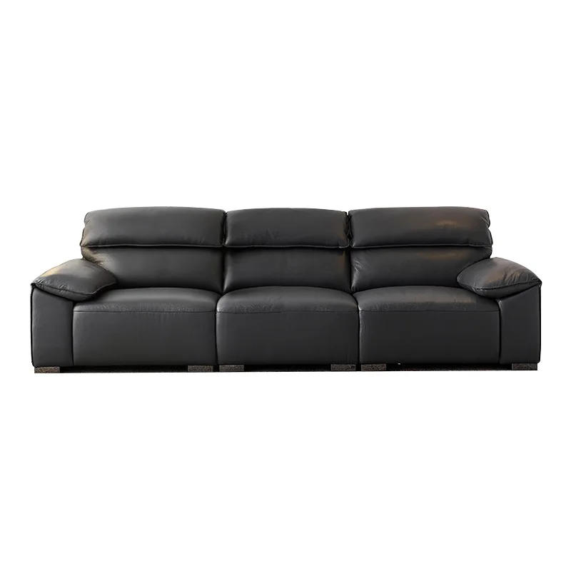 

Retro Italian minimalist small apartment living room straight row black leather sofa high backrest