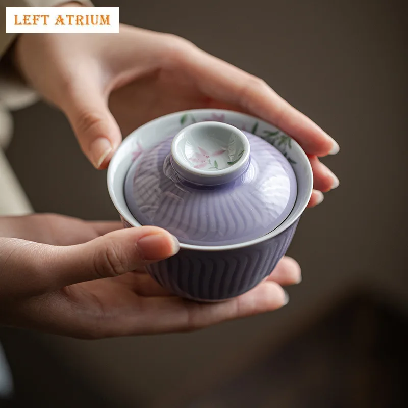 

Hand Painted Flowers Gaiwan For Tea Ceramic Stripe Tureen Teaware Set Purple Chinese Tea Bowl Chawan Tea Cup