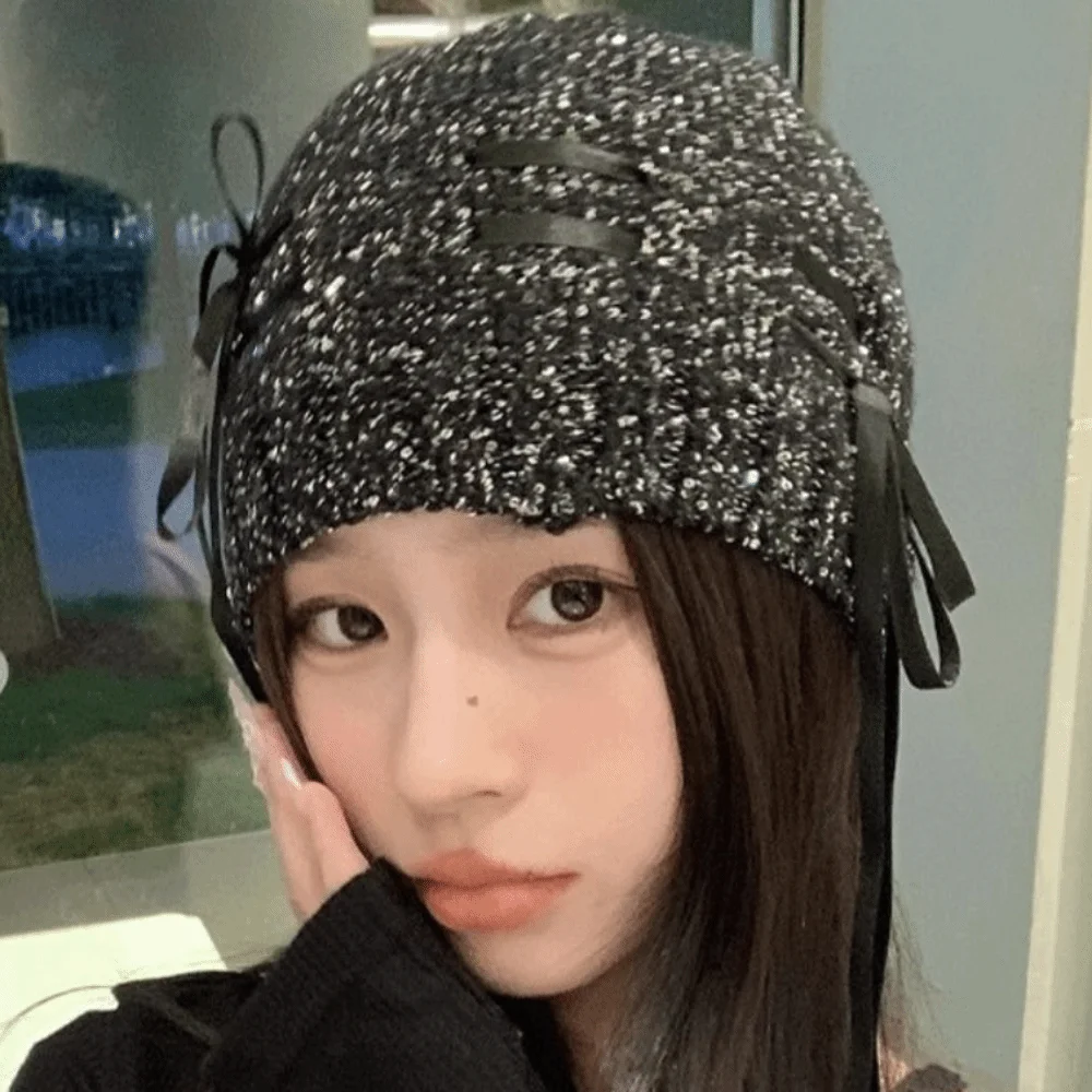 

Fashion Vintage Sequin Knitted Hat Bowknot Jennie Style Beanie Hat Thin Hollow Woven Cap Winter