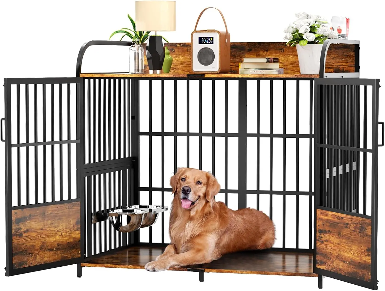 

Adjustable 48 Inch Large Dog Crate Kennel Furniture with Stainless Steel Dog Bowls