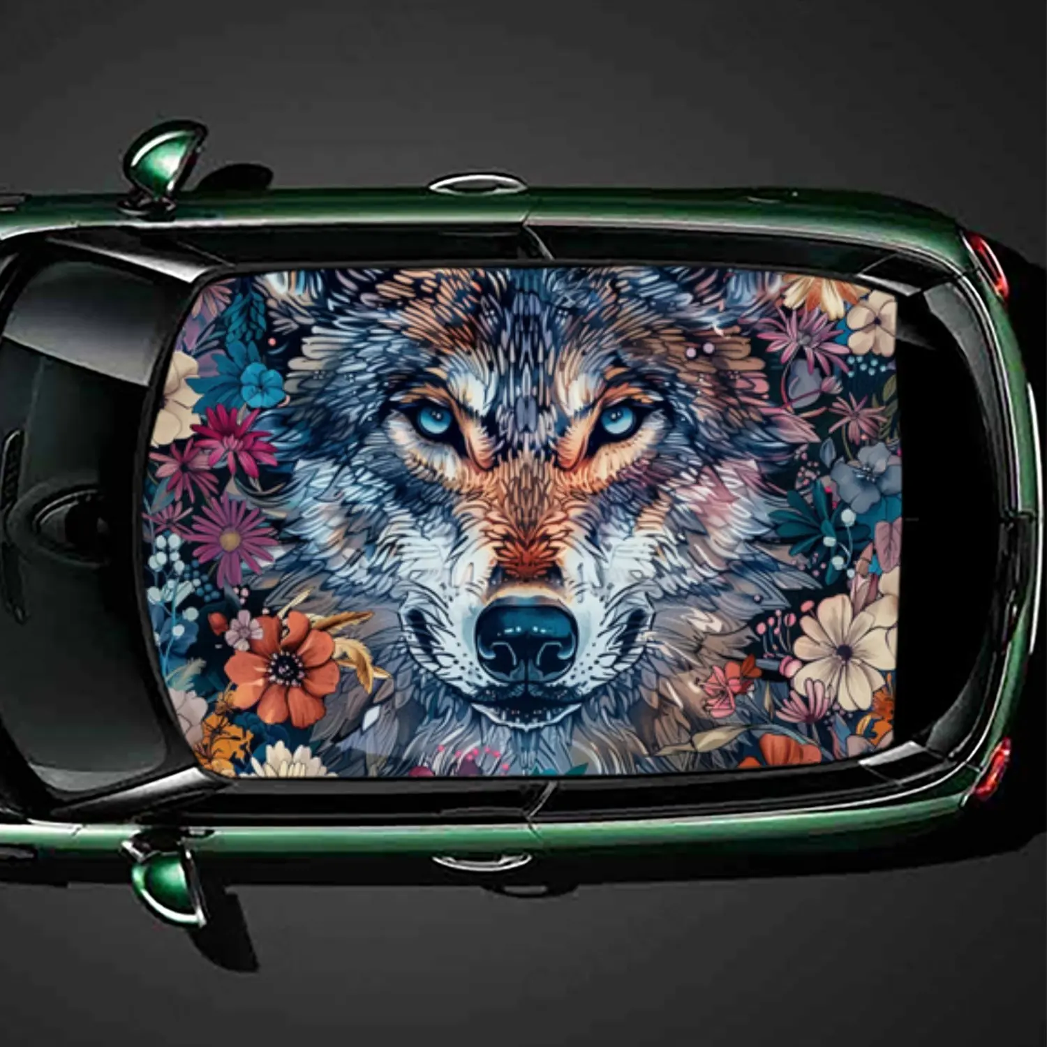 Wild Wolf with Floral Surround Car Roof Sticker PVC Self Waterproof stick , Striking Auto Exterior Accessories Decoration Protec