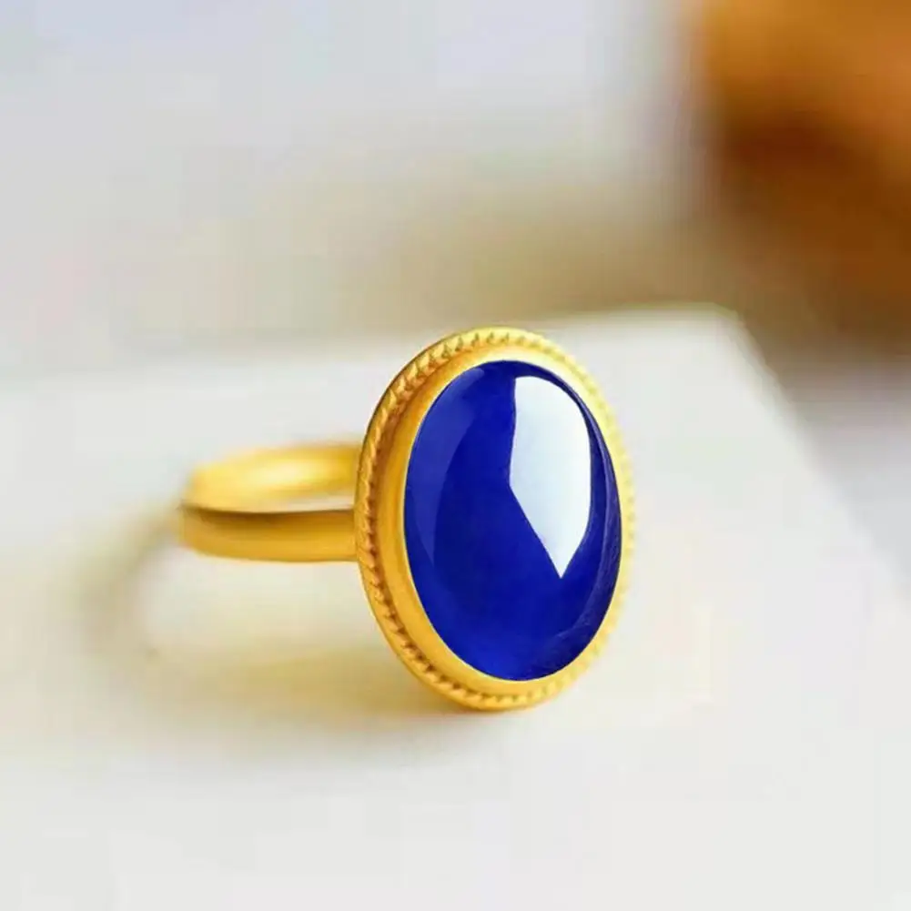 Two-color Electroplated Ring Ethnic Style Natural Stone Ring Adjustable Oval Gemstone Jewelry Women's Anniversary Birthday