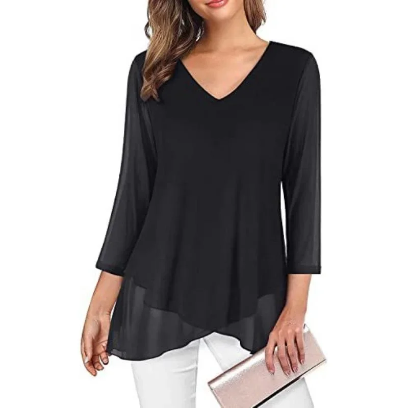 Spring Autumn Women's Pullover Top V Neck Solid Colour Printed Slim Femme Eleganct Seven Sleeve Hem Asymmetric T-Shirt Commute