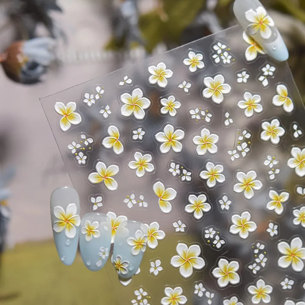 1pc 5D 노란색 흰색 Frangipani 꽃 네일 아트 데칼 양각 릴리프 5 꽃잎 꽃 네일 스티커 DIY 장식 매니큐어 슬라이더