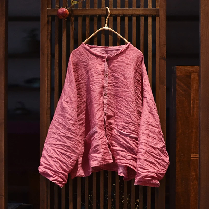 

Women Long Sleeve Casual Shirt New Arrival 2025 Spring Vintage Style O-neck Plain Color Loose Female Ramie Tops Shirts M734