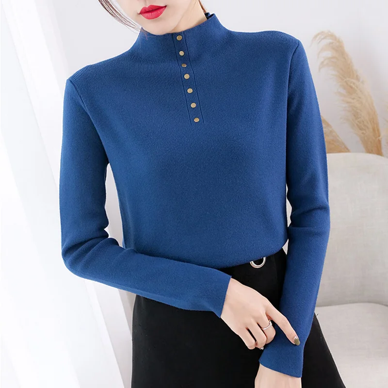 Women's Half High Neck Knitted Pullover, Korean Fashion, Casual, Monochromatic Sweater, Bottom Crop Jumper, Autumn, Winter, New